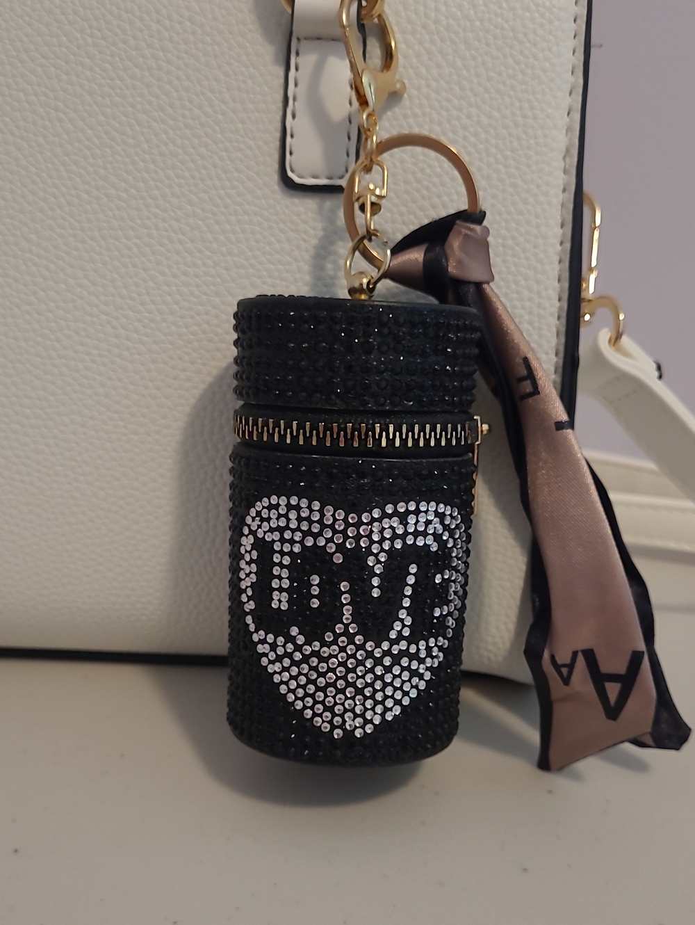 Sparkling Black Crystal Heart Lipstick Holder Keychain